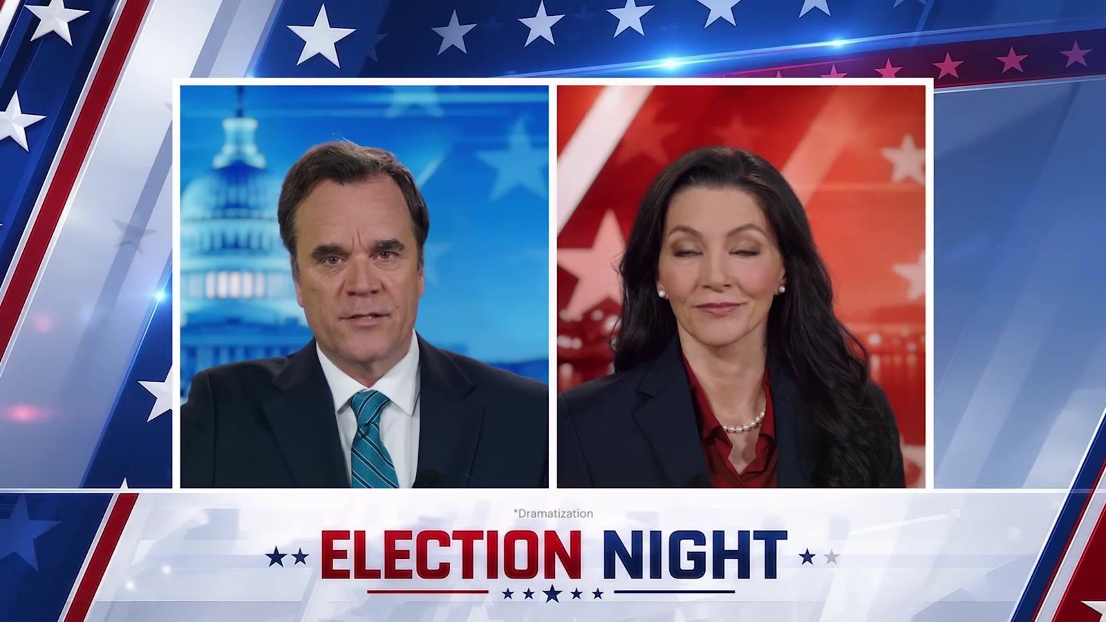 Two anchors in an Election Night split-screen two-shot, with the Capitol dome behind one and a red star field behind the other