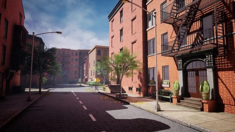A New York brownstone street. One of 250+ ready-to-load virtual sets in the L.A. & ABQ Castle Studios library