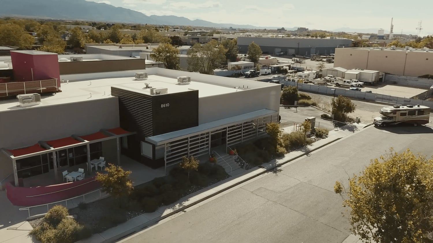 Aerial view of the ABQ Castle Studios building in the Journal Center corridor of Albuquerque, New Mexico