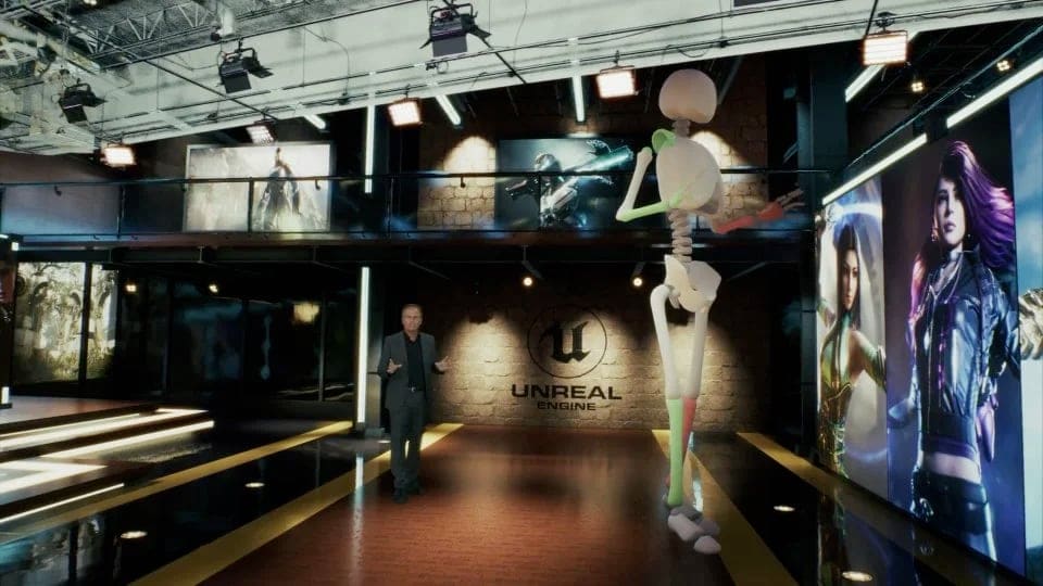 A host on an Unreal Engine virtual set beside a motion-captured character, composited live in camera at ABQ Castle Studios