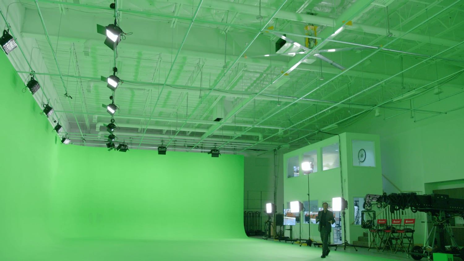 A wide view of the Albuquerque virtual production stage under a full lighting grid