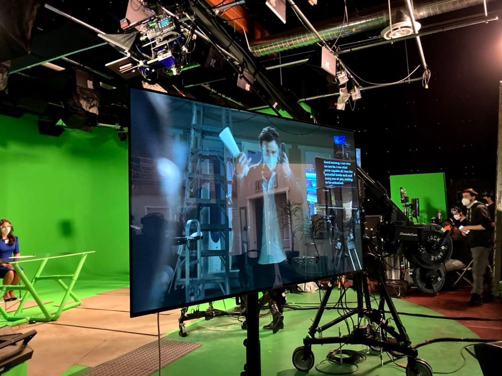 Live virtual production composite on the monitor beside the green screen stage in Burbank, Los Angeles