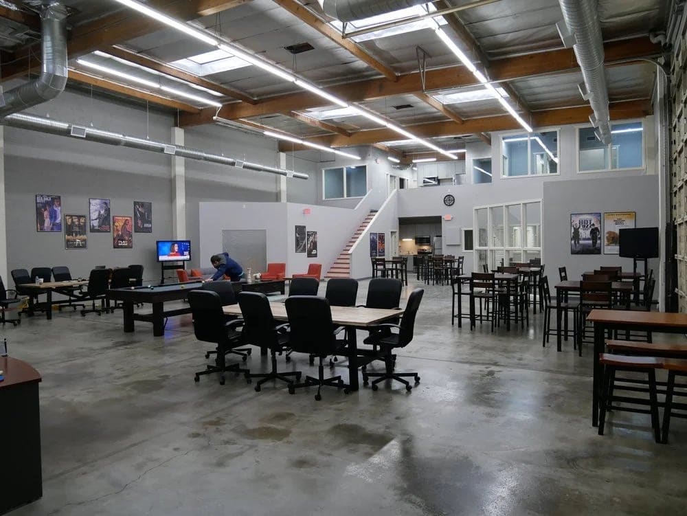 The open production common area and workspace at the Burbank studio