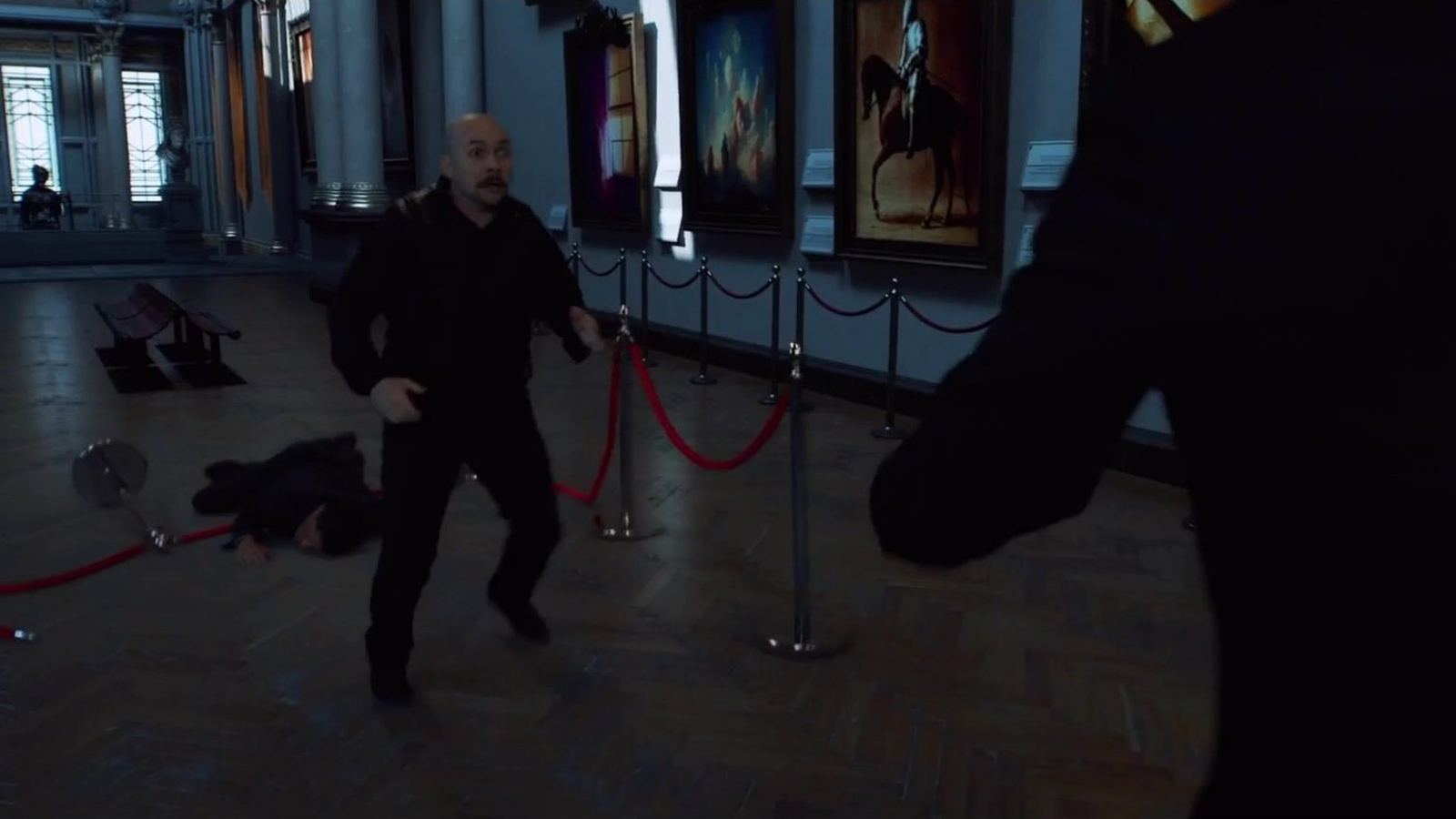 A fight scene in a museum gallery film set, composited live in camera, from the film studio rental reel