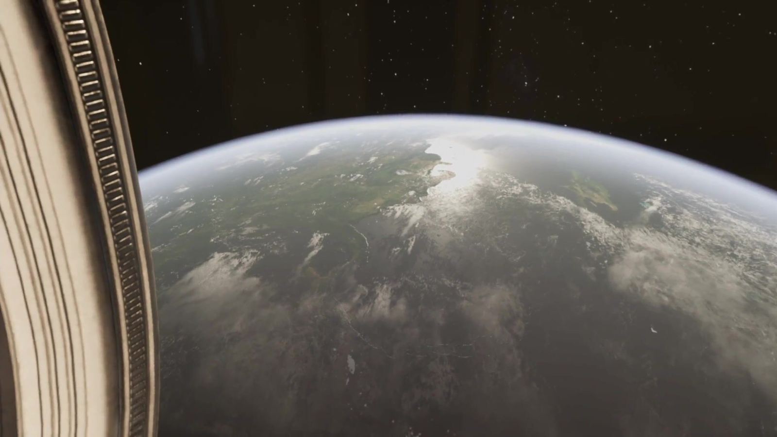 Earth seen from an orbital window in a virtual spaceship set, a frame from the XR stage reel at L.A. & ABQ Castle Studios