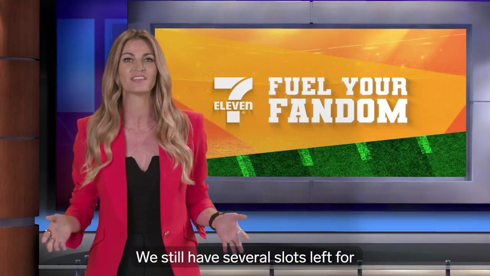 Commercial: a presenter on a sports-desk set in front of a 7-Eleven 'Fuel Your Fandom' screen, from a 7-Eleven spot at L.A. & ABQ Castle Studios