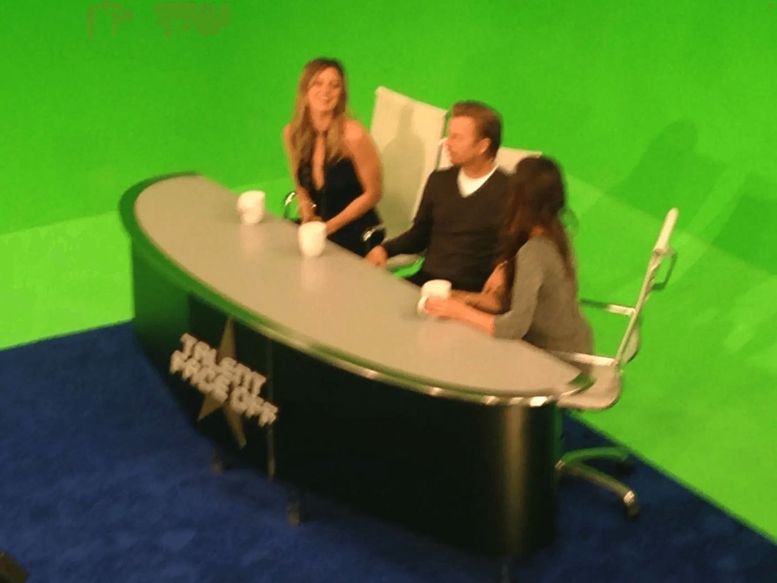 Game show production — three 'Talent Face Off' judges at a curved desk on a green screen stage at L.A. & ABQ Castle Studios