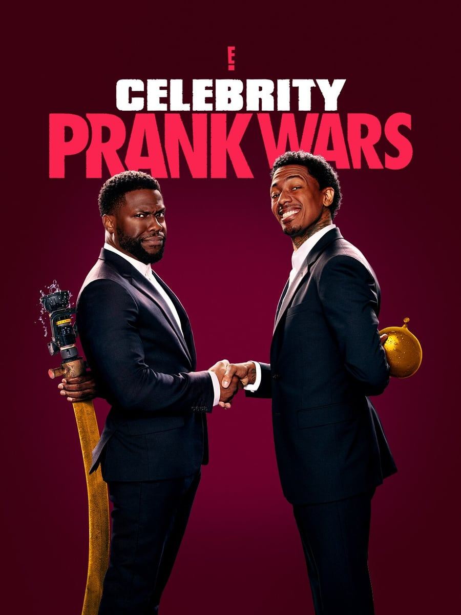 Celebrity Prank Wars key art with hosts Kevin Hart and Nick Cannon; the show's host wraps were shot at L.A. Castle Studios