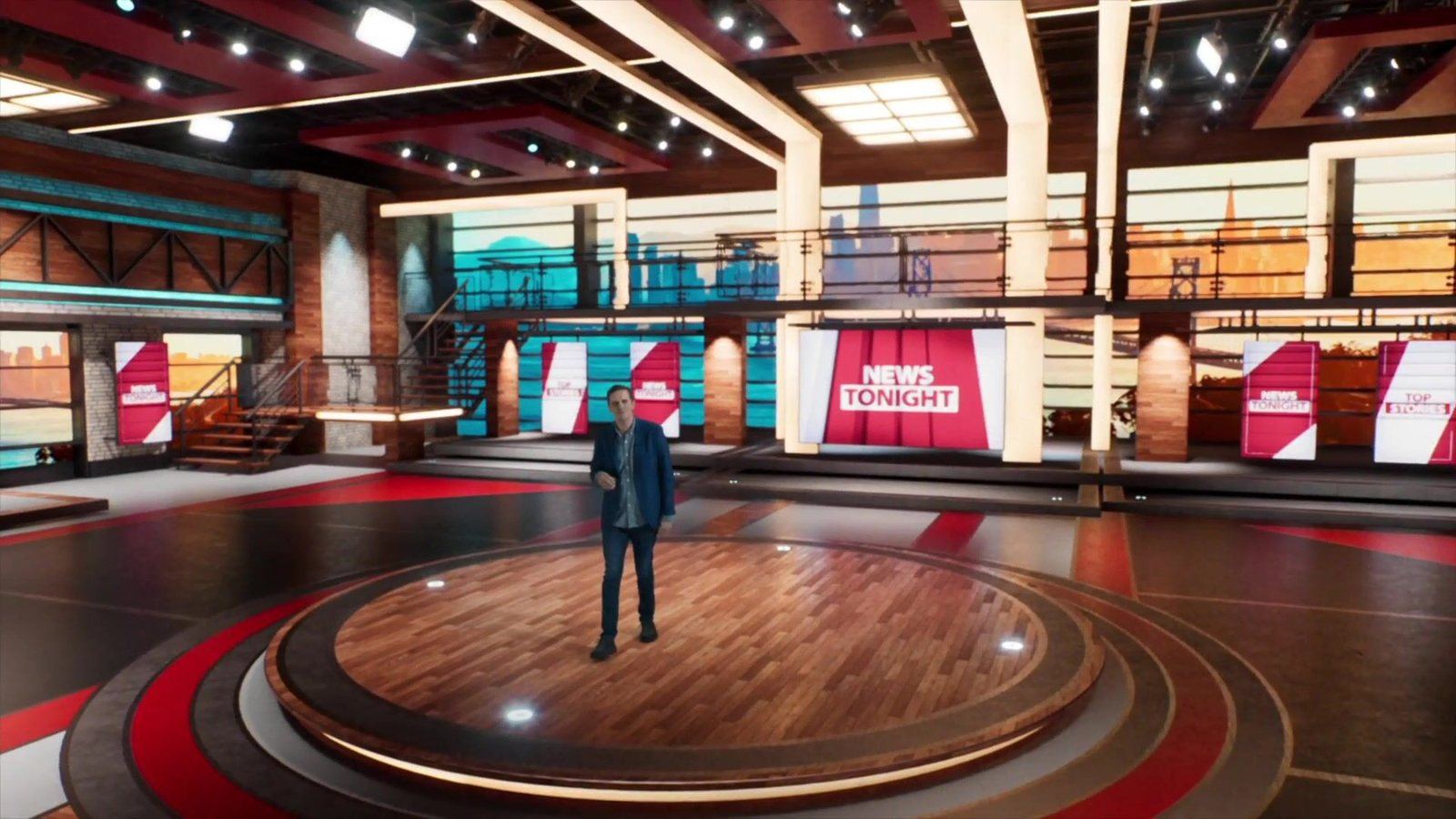 News set: a presenter on the round wood stage of the Upscale Talk Show & News Sets, with News Tonight graphics on the monitor wall, composited live at L.A. & ABQ Castle Studios