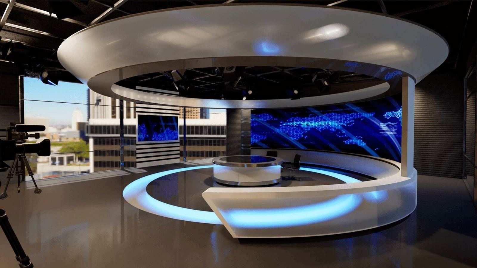 News set — an empty circular anchor desk under a halo ceiling ring with a blue world-map video wall, a virtual production set at L.A. & ABQ Castle Studios