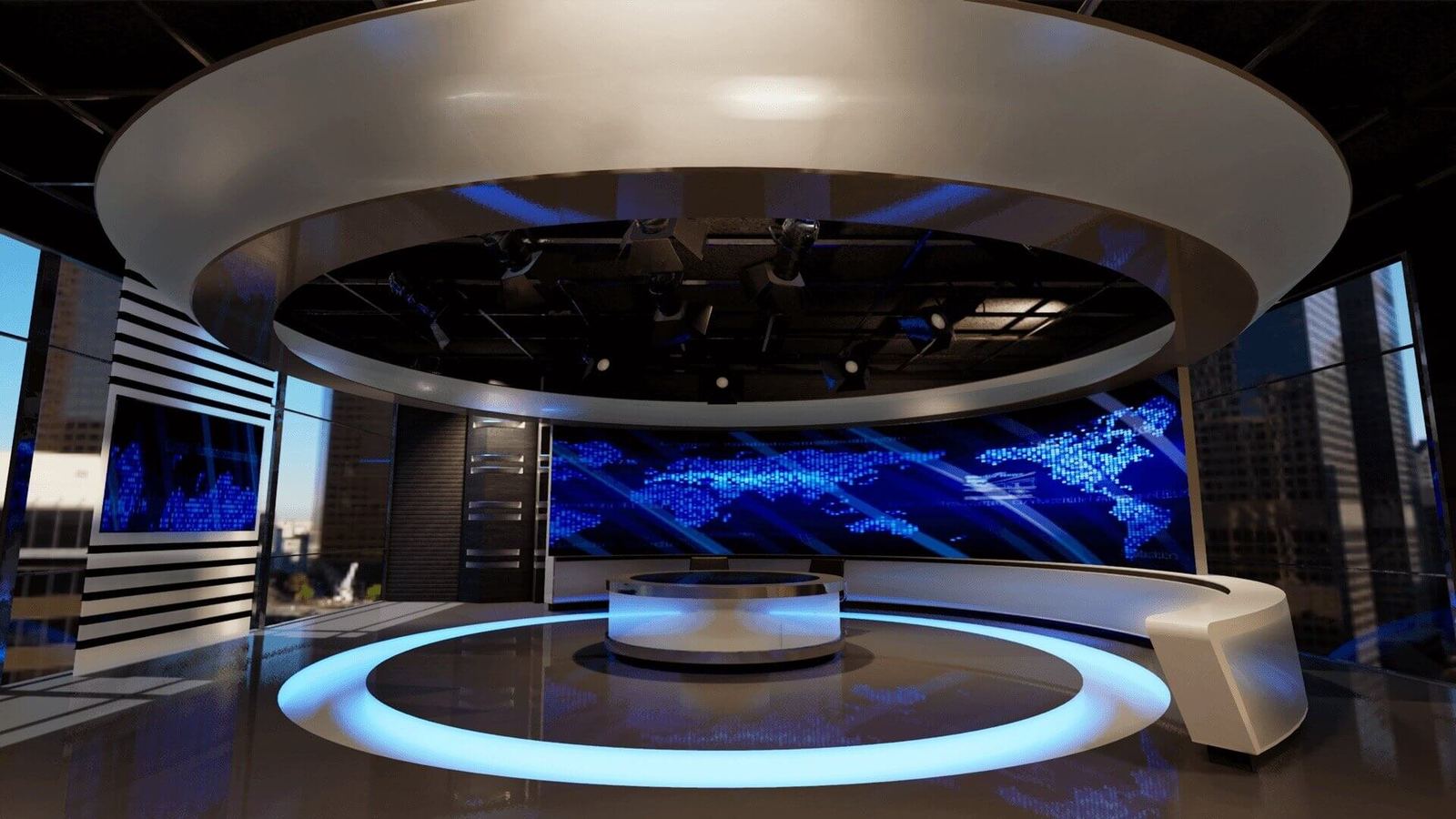 News set — wide view of a round anchor desk and curved world-map video wall lit blue under a halo ring, a virtual production set at L.A. & ABQ Castle Studios