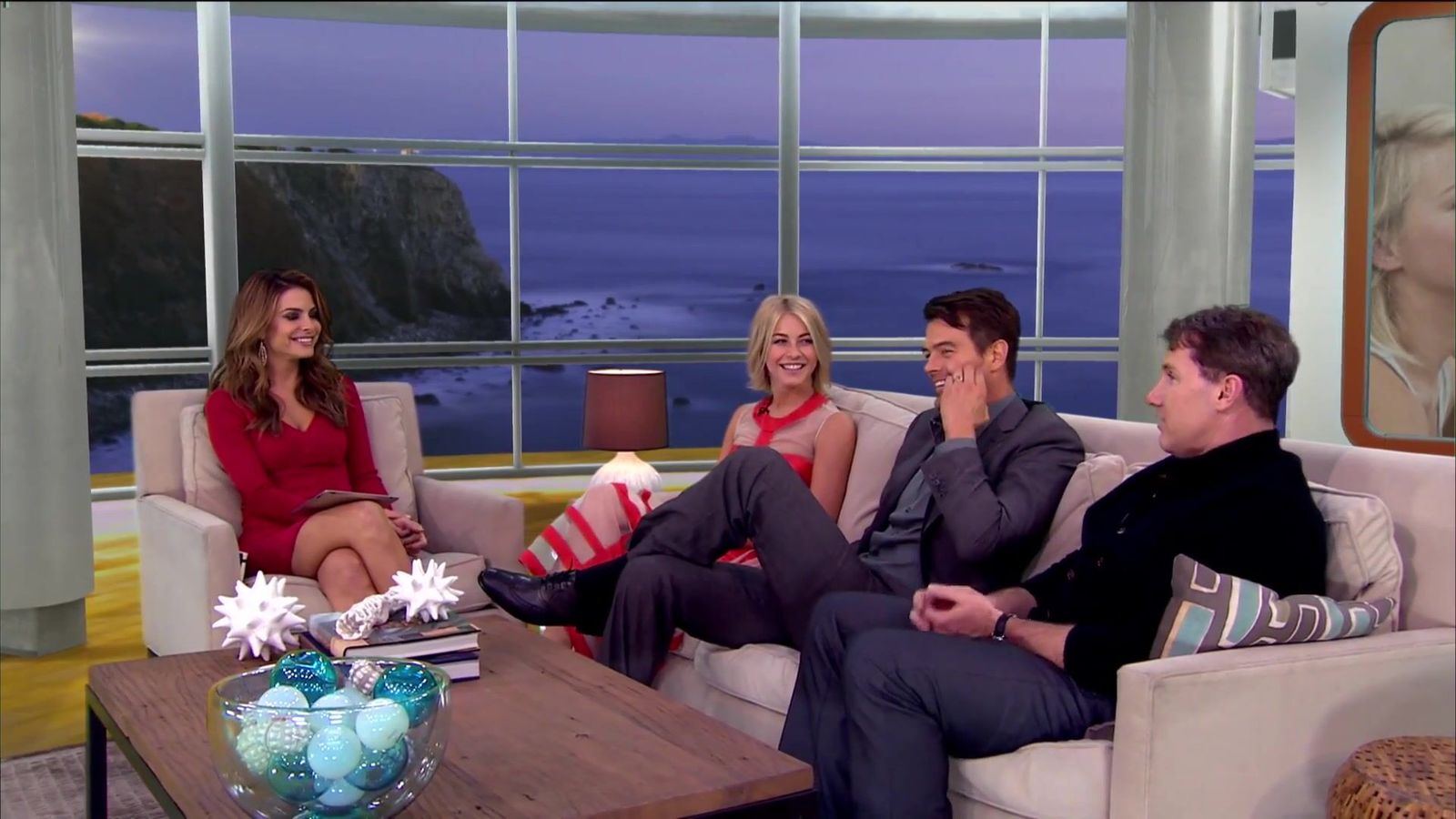 Press junket: a host and three guests on the ocean-view window set, a second angle of a press junket interview block at L.A. & ABQ Castle Studios