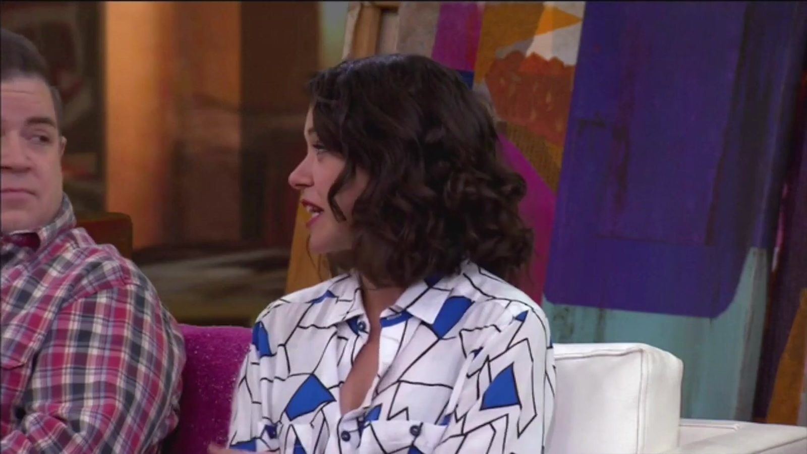 Press junket: a close angle of two guests on the painter's-studio virtual set during a press junket interview at L.A. & ABQ Castle Studios