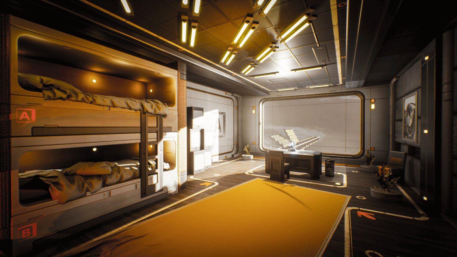 Space and sci-fi set — a spacecraft crew quarters with bunk beds, a desk and warm amber lighting, an Unreal Engine virtual production set at L.A. & ABQ Castle Studios