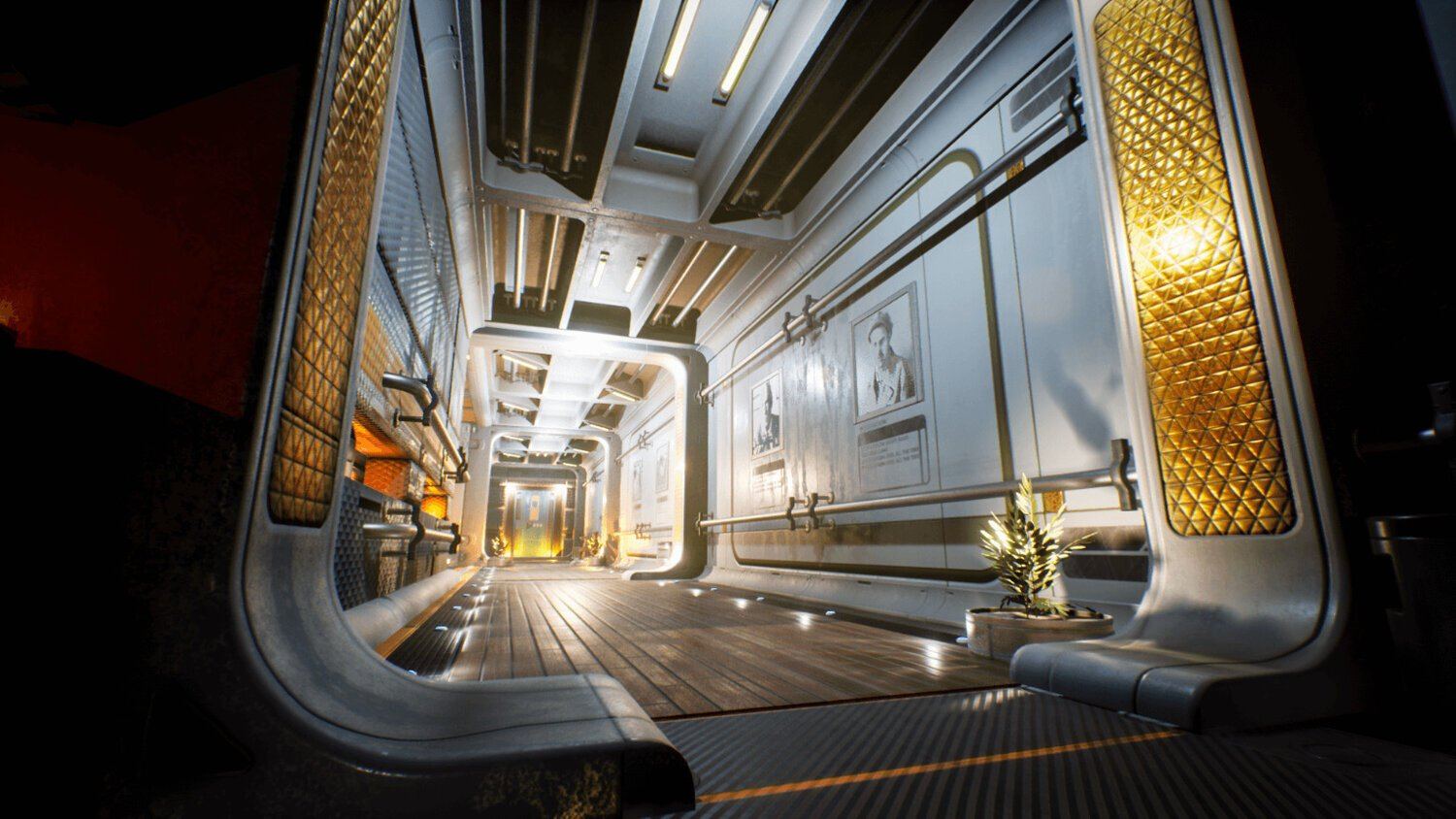 Space and sci-fi set — a warm-lit spaceship gangway with wood-grain floor and framed portraits, an Unreal Engine virtual production set at L.A. & ABQ Castle Studios