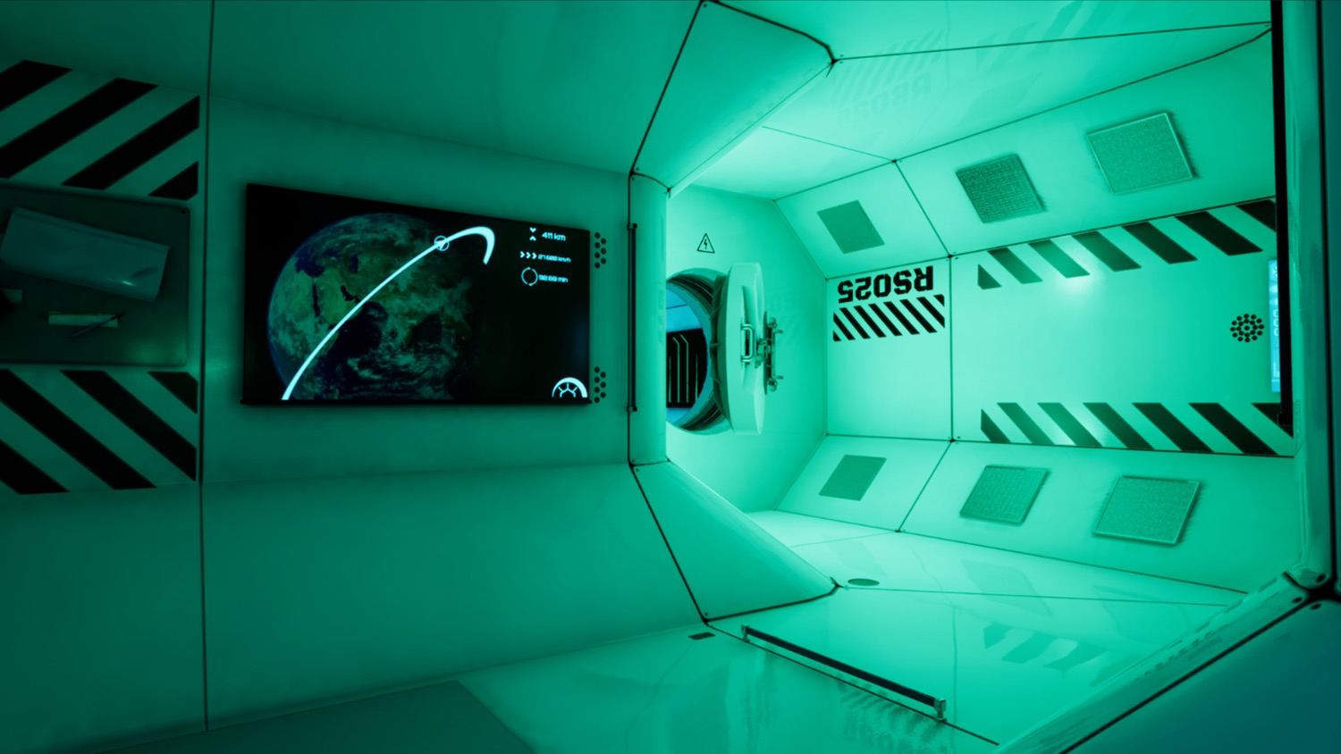 Space and sci-fi set — a green-lit space station corridor with an Earth-orbit display screen and hatch, an Unreal Engine virtual production set at L.A. & ABQ Castle Studios