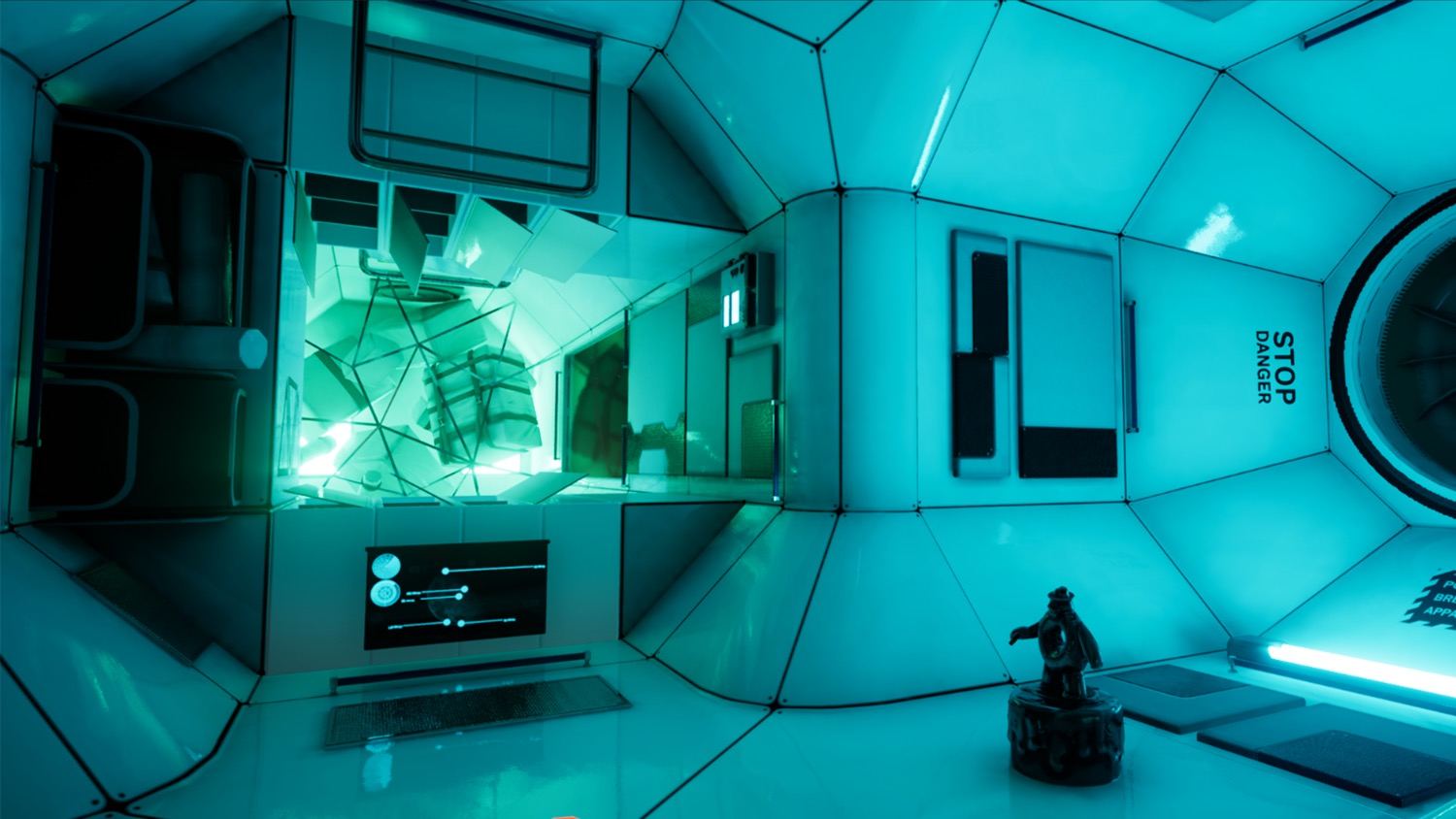 Space and sci-fi set — a teal-lit sci-fi chamber with a crystalline alcove and 'Stop Danger' hatch, an Unreal Engine virtual production set at L.A. & ABQ Castle Studios