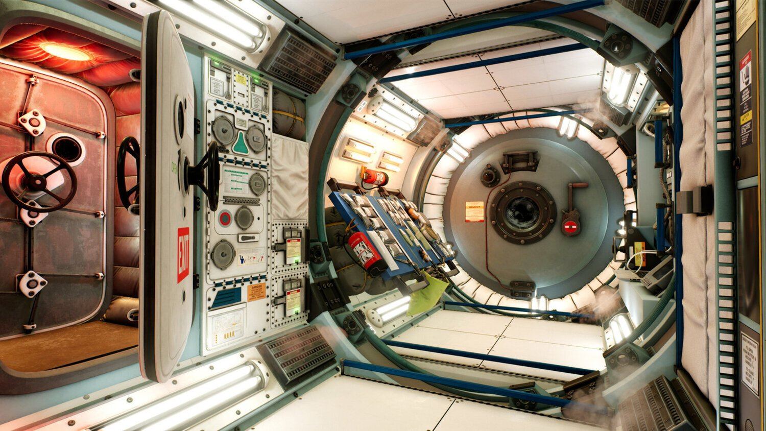 Space and sci-fi set — a detailed space station interior with control panels and a circular airlock, an Unreal Engine virtual production set at L.A. & ABQ Castle Studios