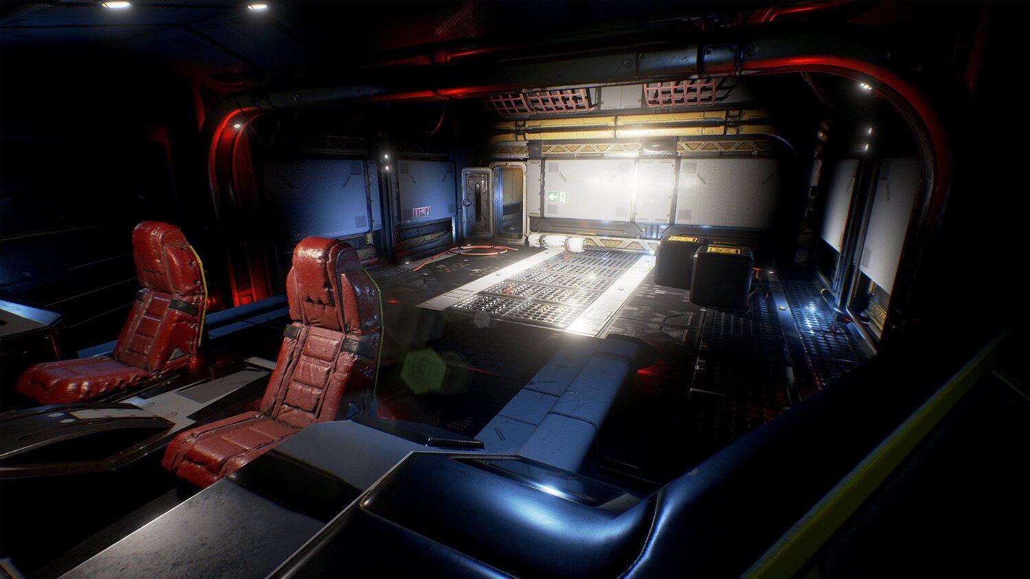 Space and sci-fi set: a dark spaceship cockpit with two red pilot seats and a glowing control deck, an Unreal Engine virtual production set at L.A. & ABQ Castle Studios
