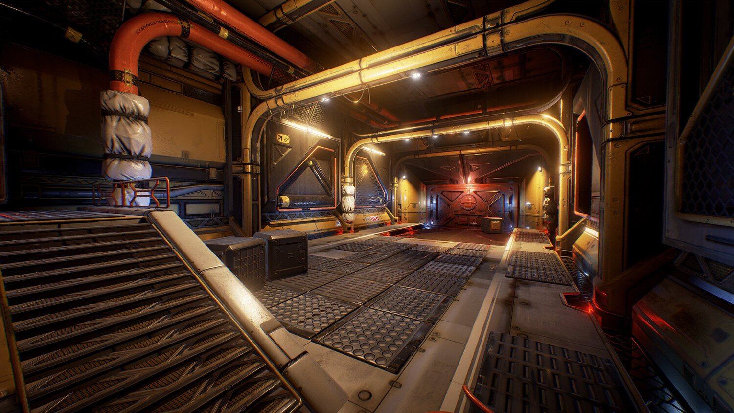 Space and sci-fi set — an industrial spaceship engine bay with pipes, grated floors and amber lighting, an Unreal Engine virtual production set at L.A. & ABQ Castle Studios