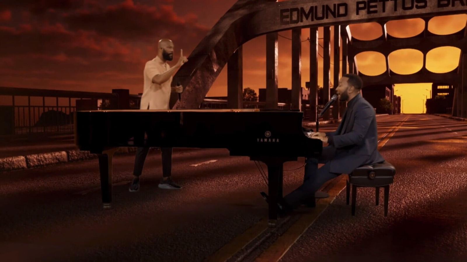 TV and film set — two performers at a grand piano on the Edmund Pettus Bridge at sunset, an Unreal Engine virtual production set at L.A. & ABQ Castle Studios