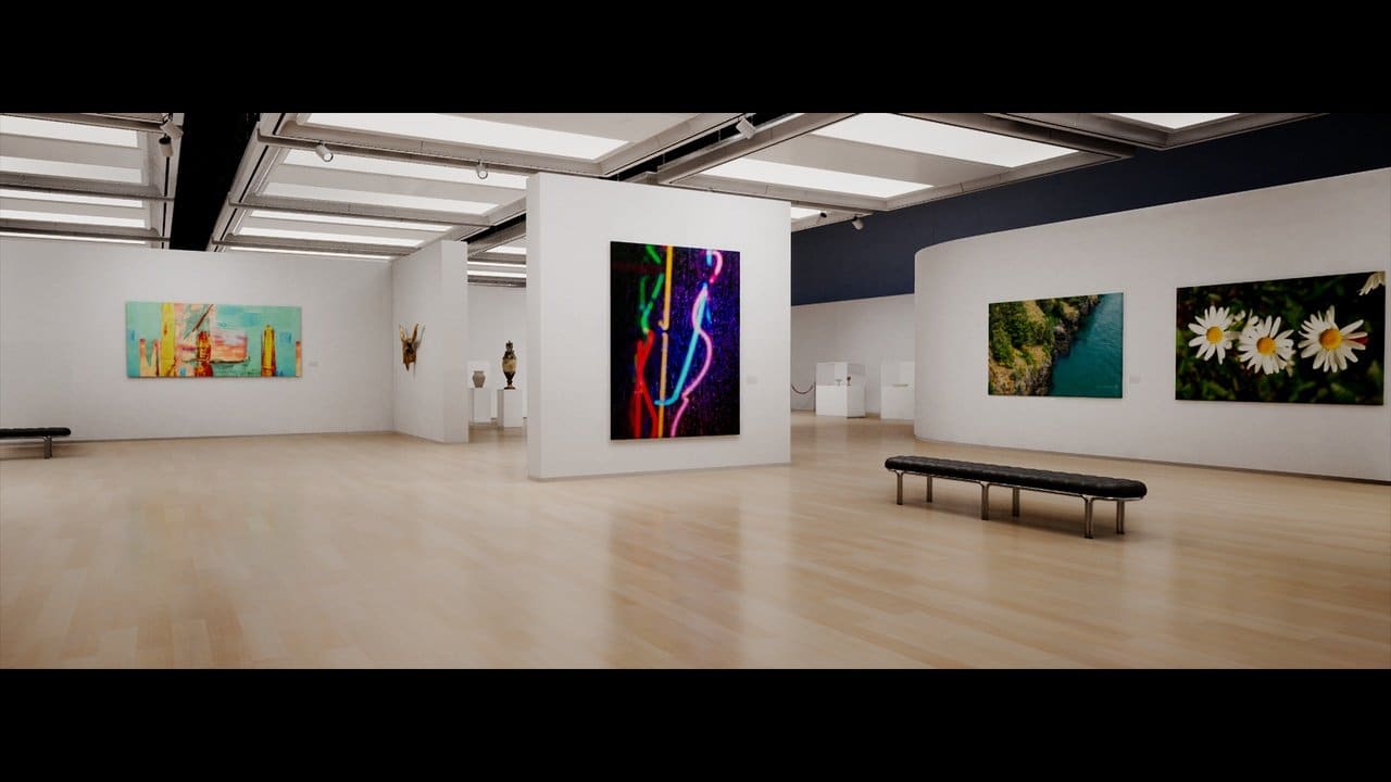Unreal Engine set — a bright modern art gallery hung with colorful paintings, a virtual production set at L.A. & ABQ Castle Studios