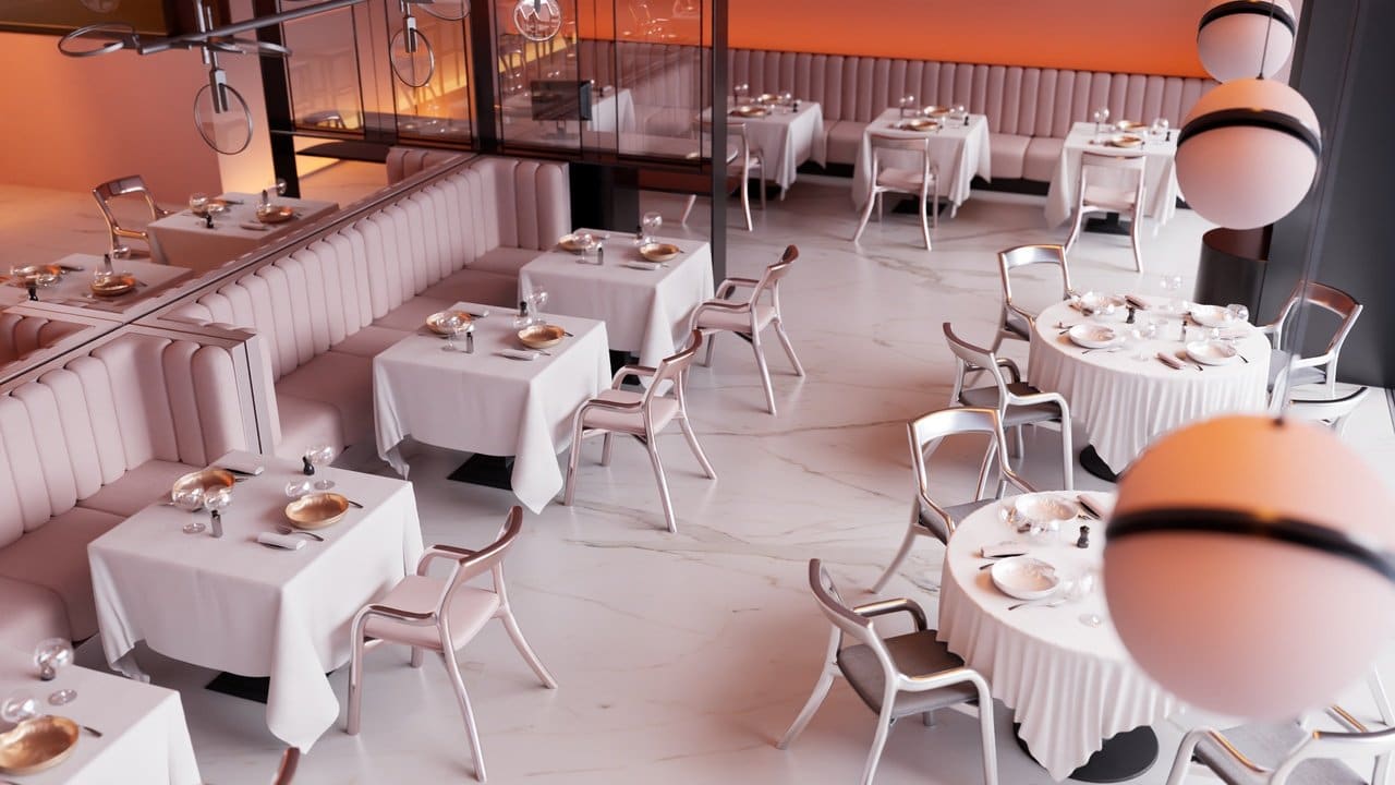 Vertical drama set — an elegant upscale restaurant interior with white-linen tables and blush banquettes, an Unreal Engine virtual production set at L.A. & ABQ Castle Studios