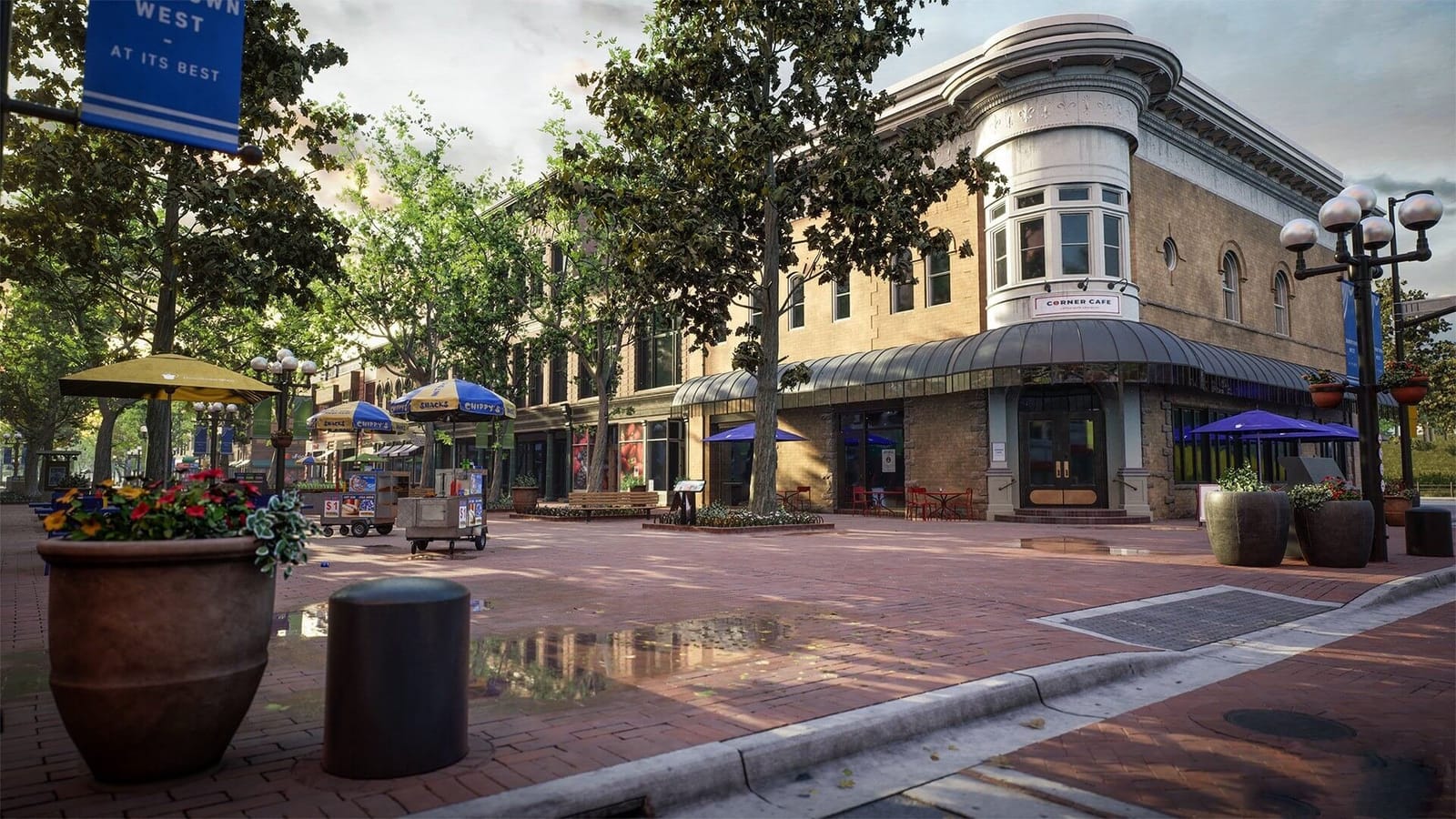 Vertical drama set — a sunny pedestrian downtown street corner with brick storefronts and cafe umbrellas, an Unreal Engine virtual production set at L.A. & ABQ Castle Studios