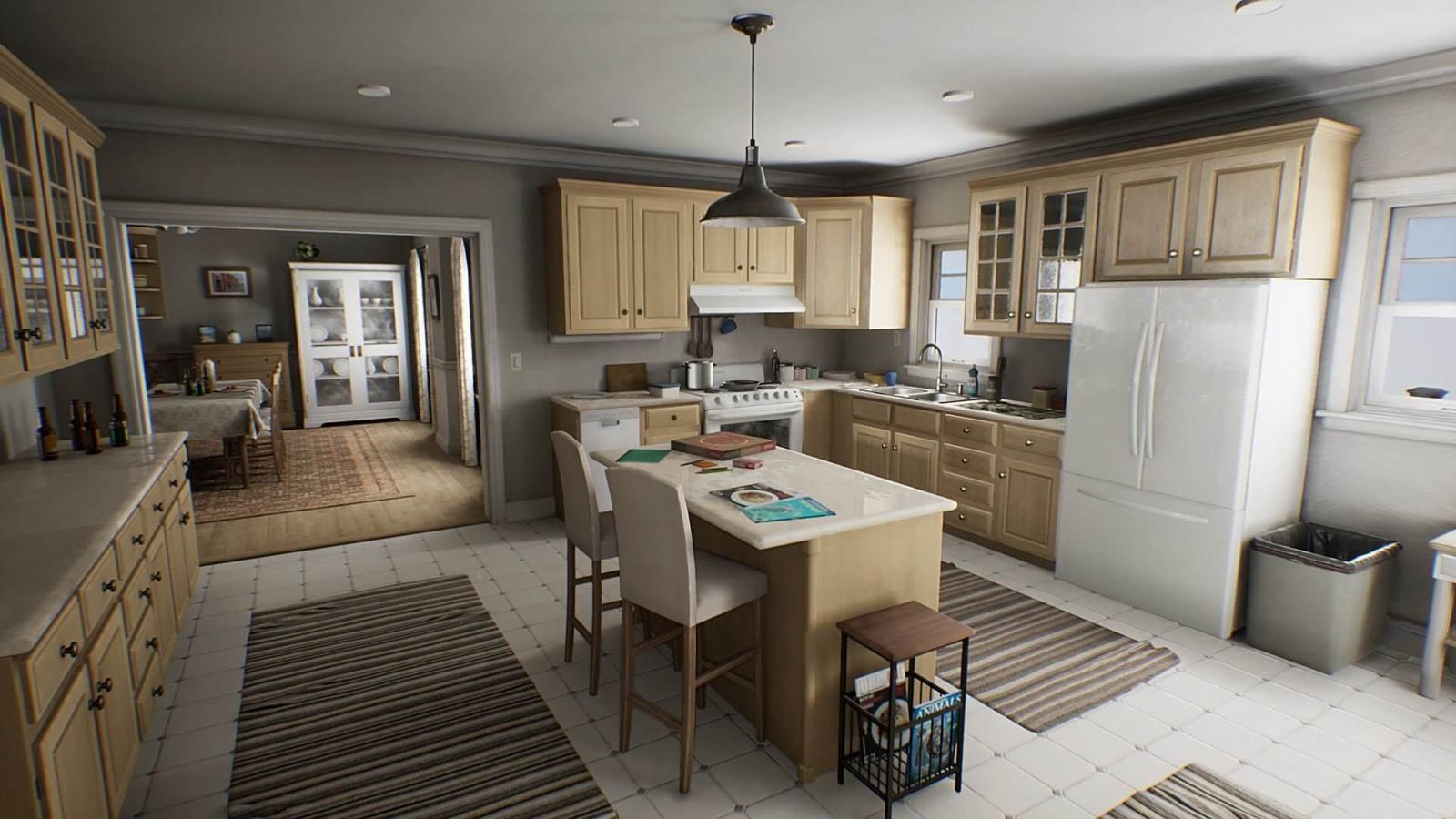 Vertical drama set — a cozy suburban kitchen with light wood cabinets and a center island, an Unreal Engine virtual production set at L.A. & ABQ Castle Studios