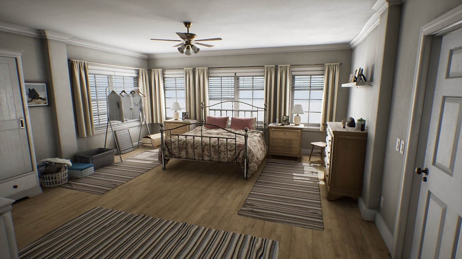 Vertical drama set — a sunlit bedroom with an iron-frame bed and seaside window light, an Unreal Engine virtual production set at L.A. & ABQ Castle Studios