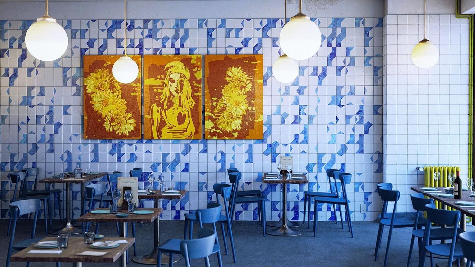 Vertical drama set — a casual tiled restaurant with blue chairs and a sunflower-portrait mural, an Unreal Engine virtual production set at L.A. & ABQ Castle Studios