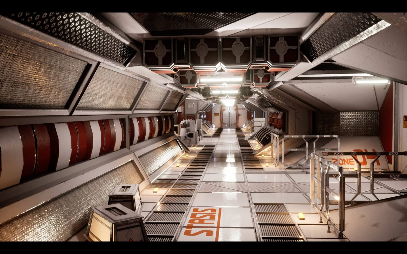 Virtual standing set — a red-and-white spaceship corridor with grated floor and labeled bulkheads, an Unreal Engine virtual production set at L.A. & ABQ Castle Studios
