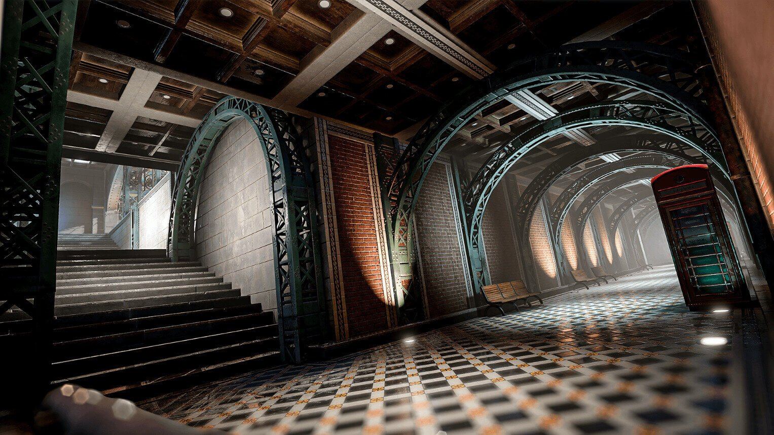 Virtual standing set — an ornate Victorian-era subway station with iron arches, tiled floor and a red phone box, an Unreal Engine virtual production set at L.A. & ABQ Castle Studios