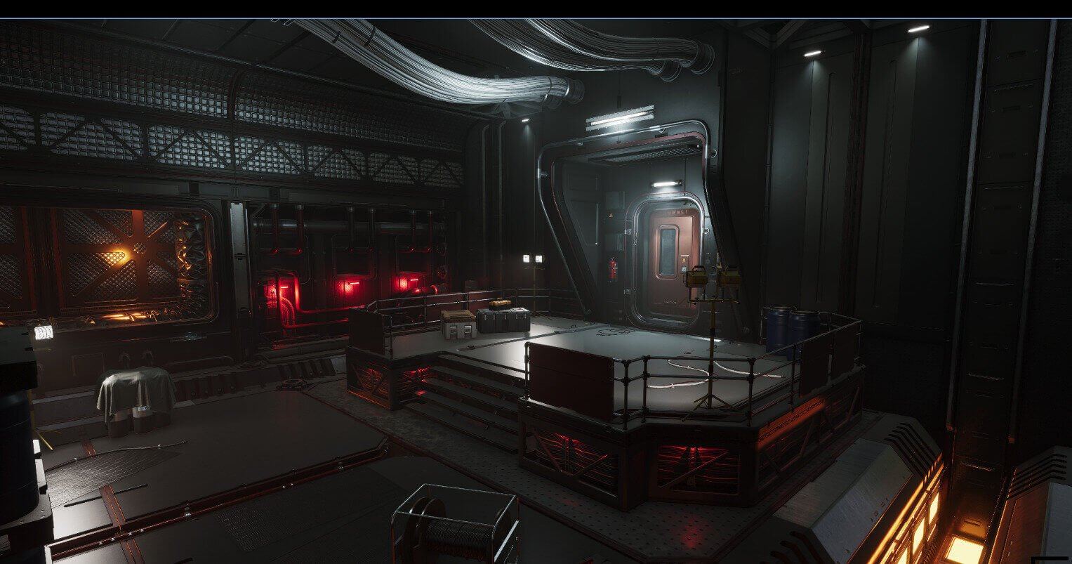 Virtual standing set — a dark industrial sci-fi bay glowing red with a raised platform and heavy hatch, an Unreal Engine virtual production set at L.A. & ABQ Castle Studios