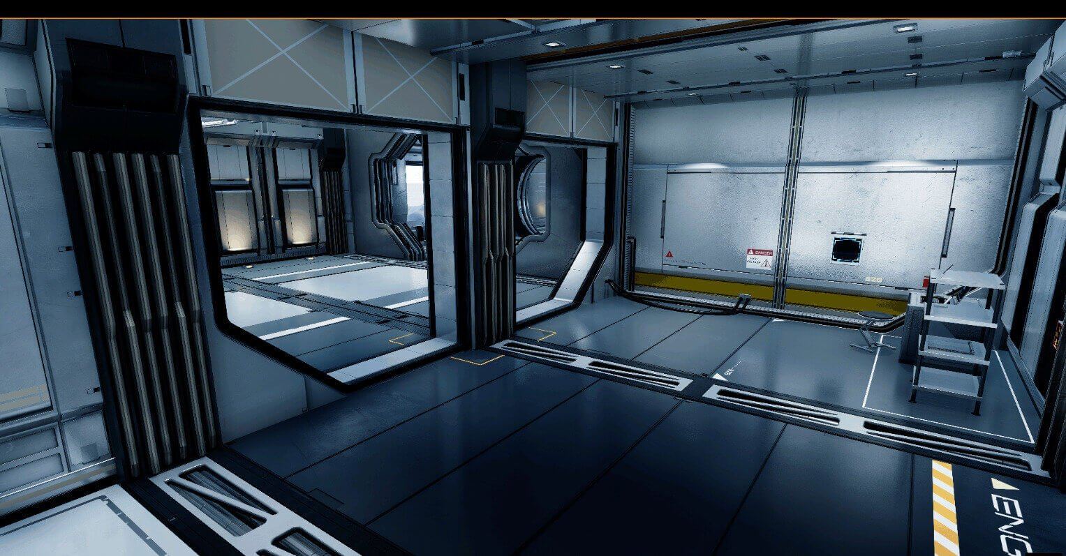 Virtual standing set — a blue-gray sci-fi engineering room with angular hatches and bulkheads, an Unreal Engine virtual production set at L.A. & ABQ Castle Studios