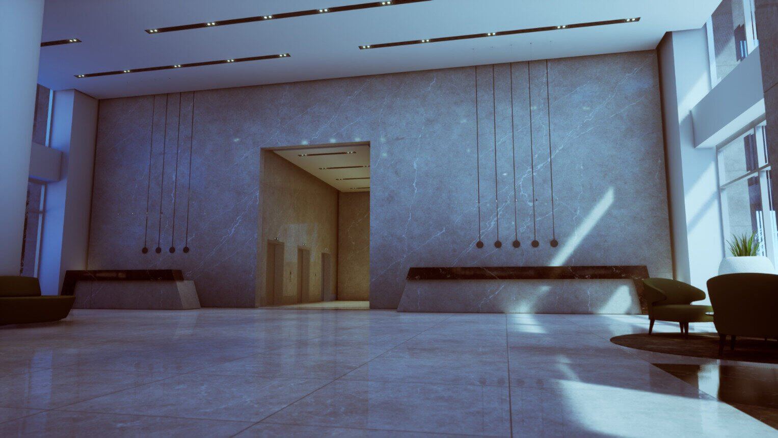Virtual standing set — a sleek marble corporate lobby with pendant lights and polished floors, an Unreal Engine virtual production set at L.A. & ABQ Castle Studios