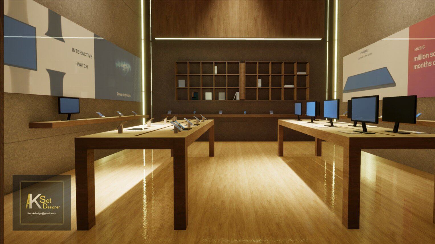 Virtual standing set — a warm wood-toned tech retail store with product display tables, an Unreal Engine virtual production set at L.A. & ABQ Castle Studios