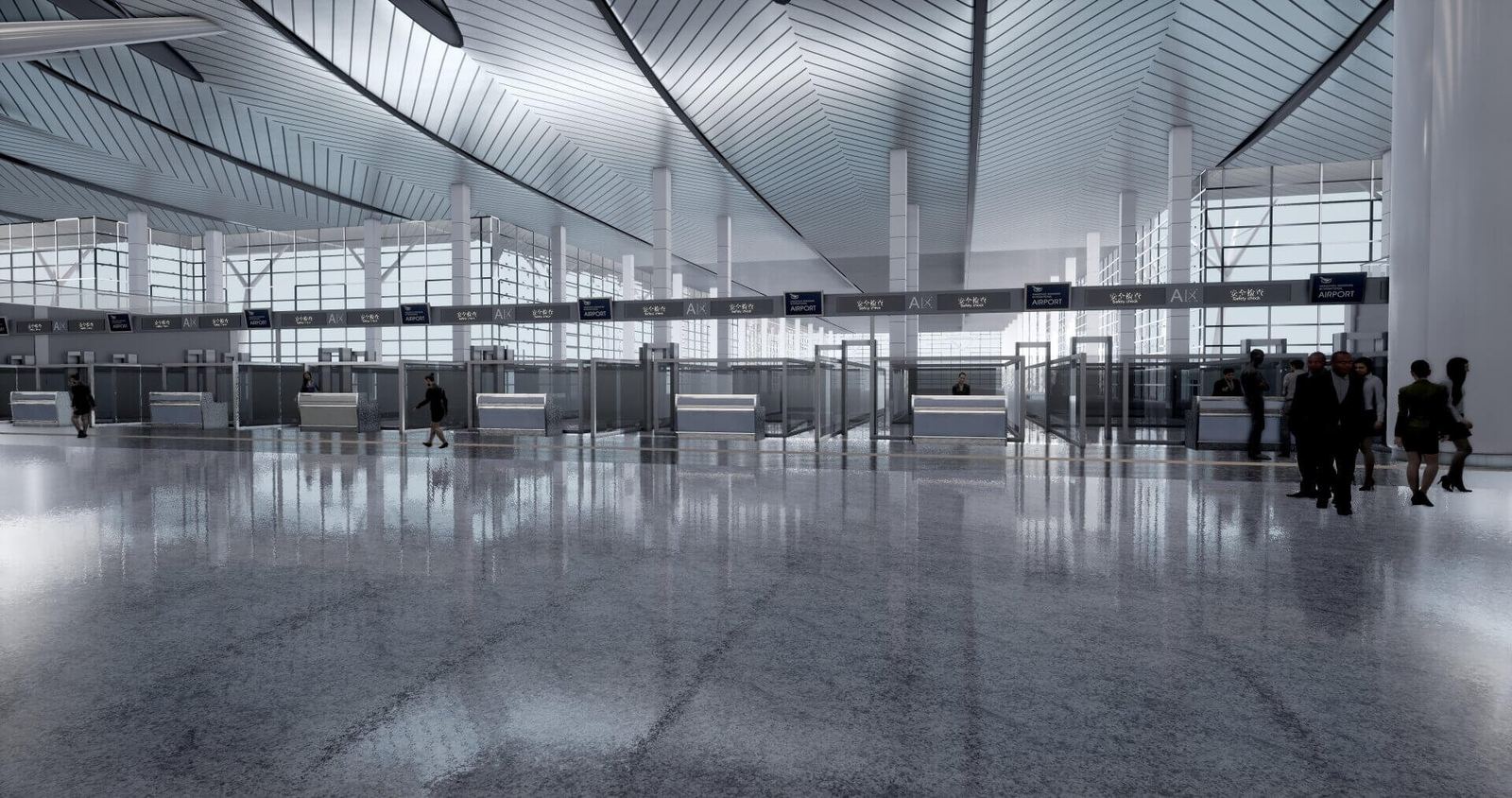 Virtual standing set — a bright modern airport terminal with check-in counters and travelers, an Unreal Engine virtual production set at L.A. & ABQ Castle Studios