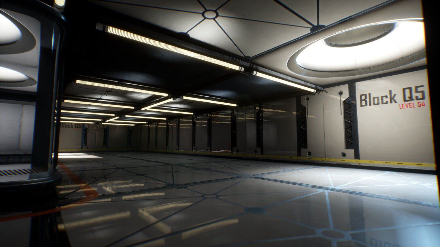 Virtual standing set — a clean white sci-fi 'Block Q5' hangar with glowing ceiling lights, an Unreal Engine virtual production set at L.A. & ABQ Castle Studios