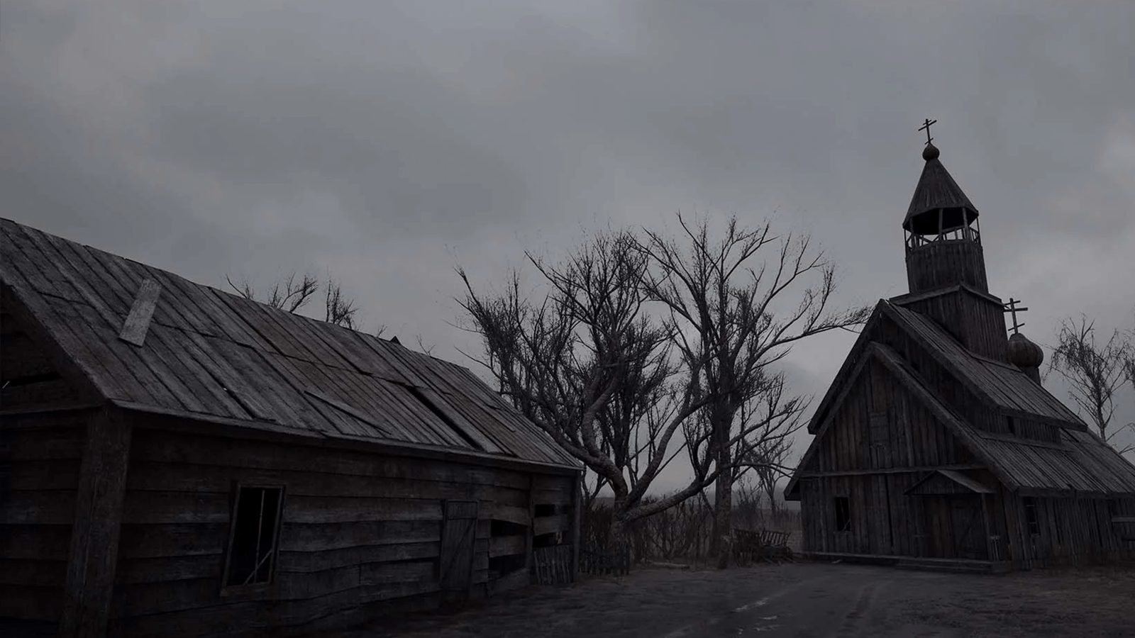 Abandoned Haunted Village virtual production standing set — angle 11 on the L.A. & ABQ Castle Studios stage