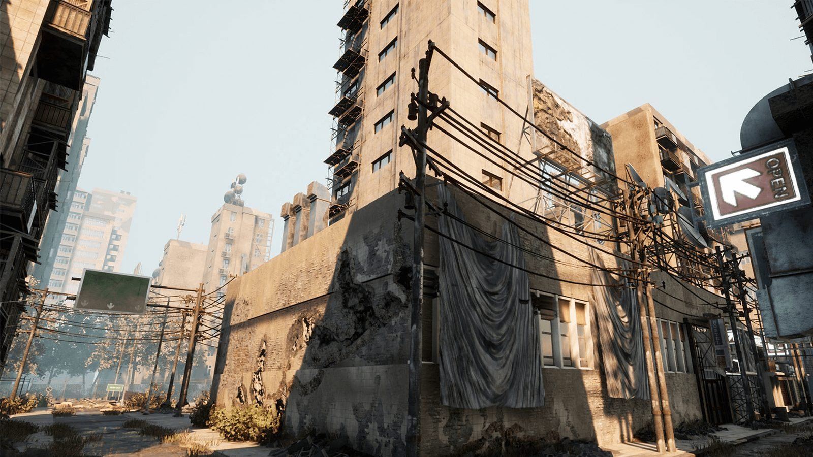 Abandoned Post Apocalyptic City virtual production standing set — angle 9 on the L.A. & ABQ Castle Studios stage