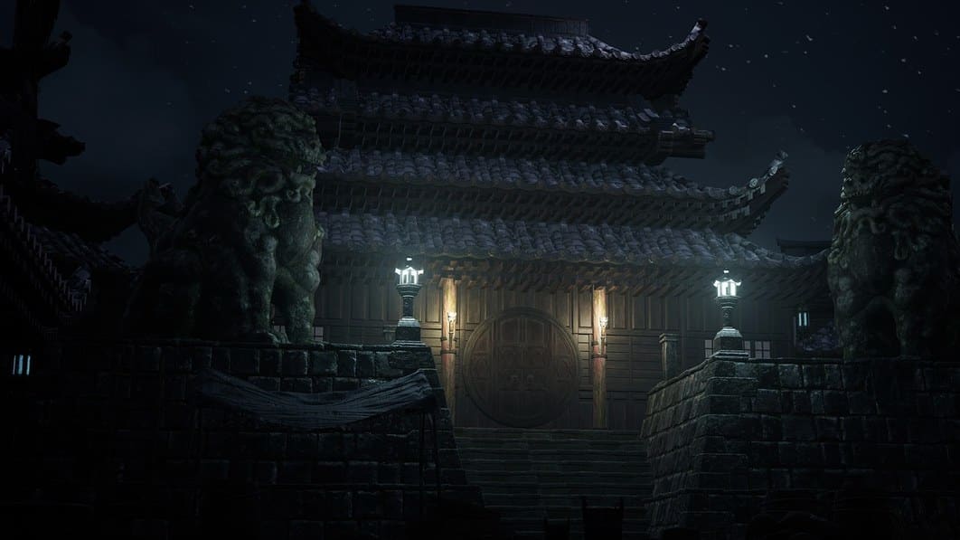 Ancient Chinese Canal Town virtual production standing set — angle 2 on the L.A. & ABQ Castle Studios stage