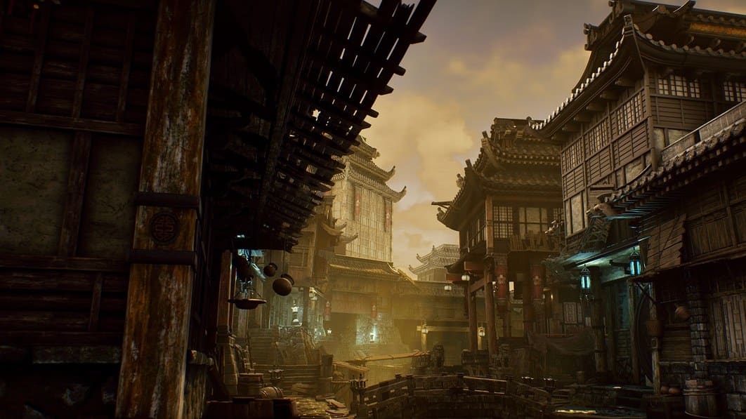 Ancient Chinese Canal Town virtual production standing set — angle 5 on the L.A. & ABQ Castle Studios stage