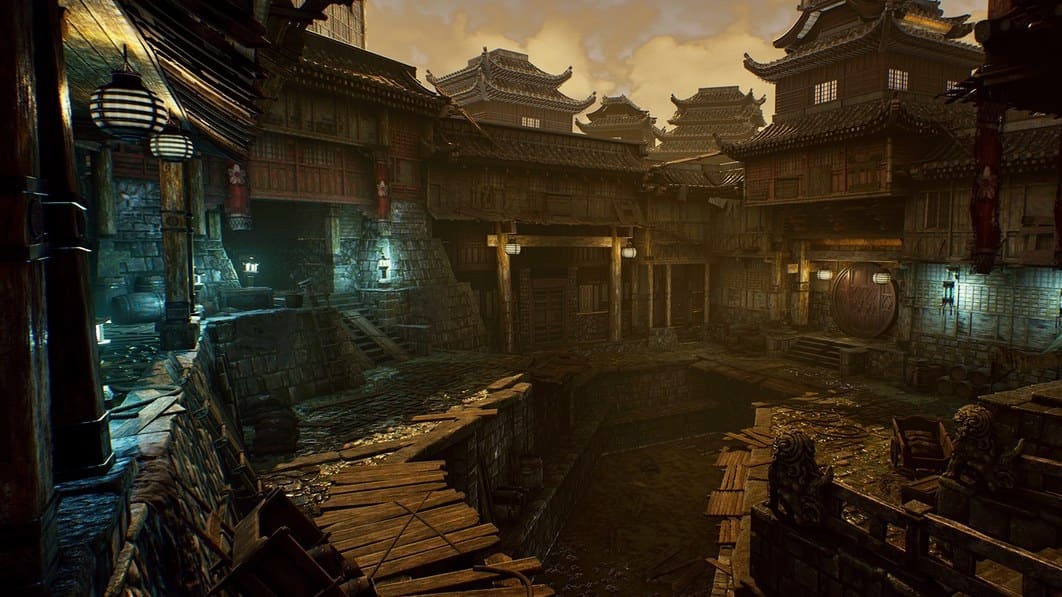 Ancient Chinese Canal Town virtual production standing set — angle 8 on the L.A. & ABQ Castle Studios stage