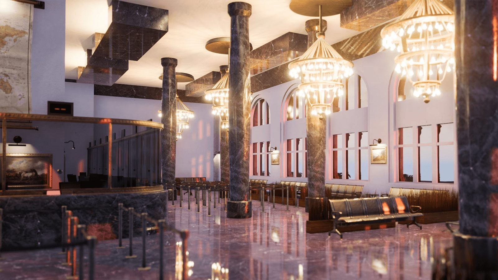 Bank Building with Interior virtual production standing set — angle 3 on the L.A. & ABQ Castle Studios stage