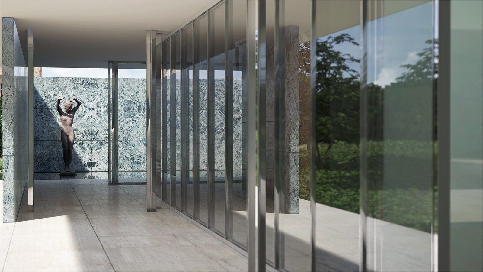 Barcelona Pavilion virtual production standing set — angle 2 on the L.A. & ABQ Castle Studios stage