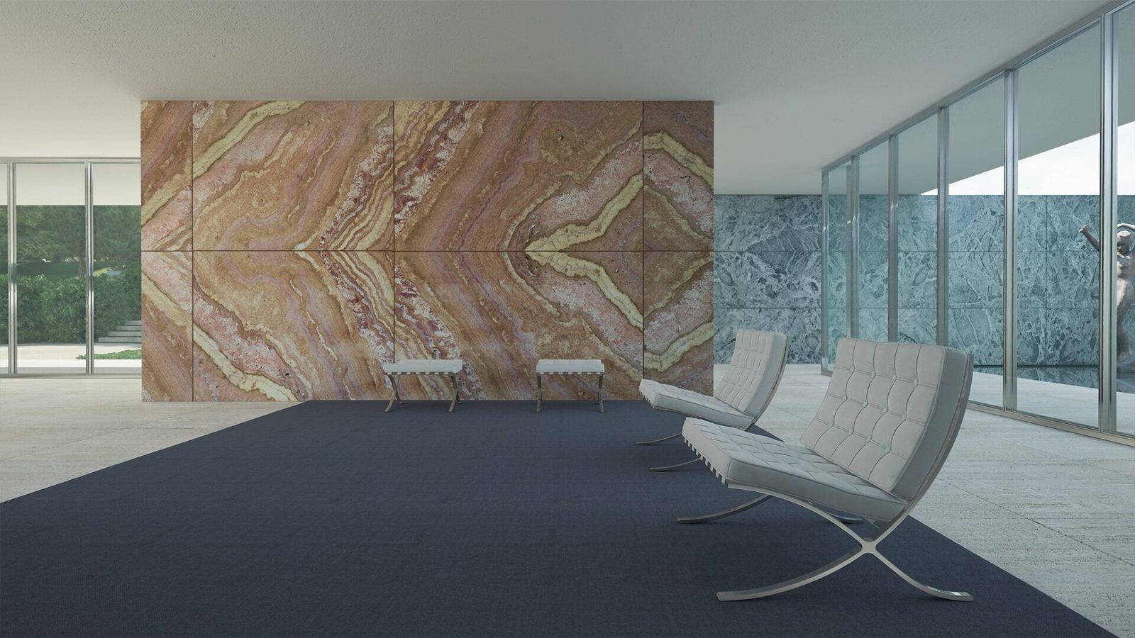 Barcelona Pavilion virtual production standing set — angle 3 on the L.A. & ABQ Castle Studios stage