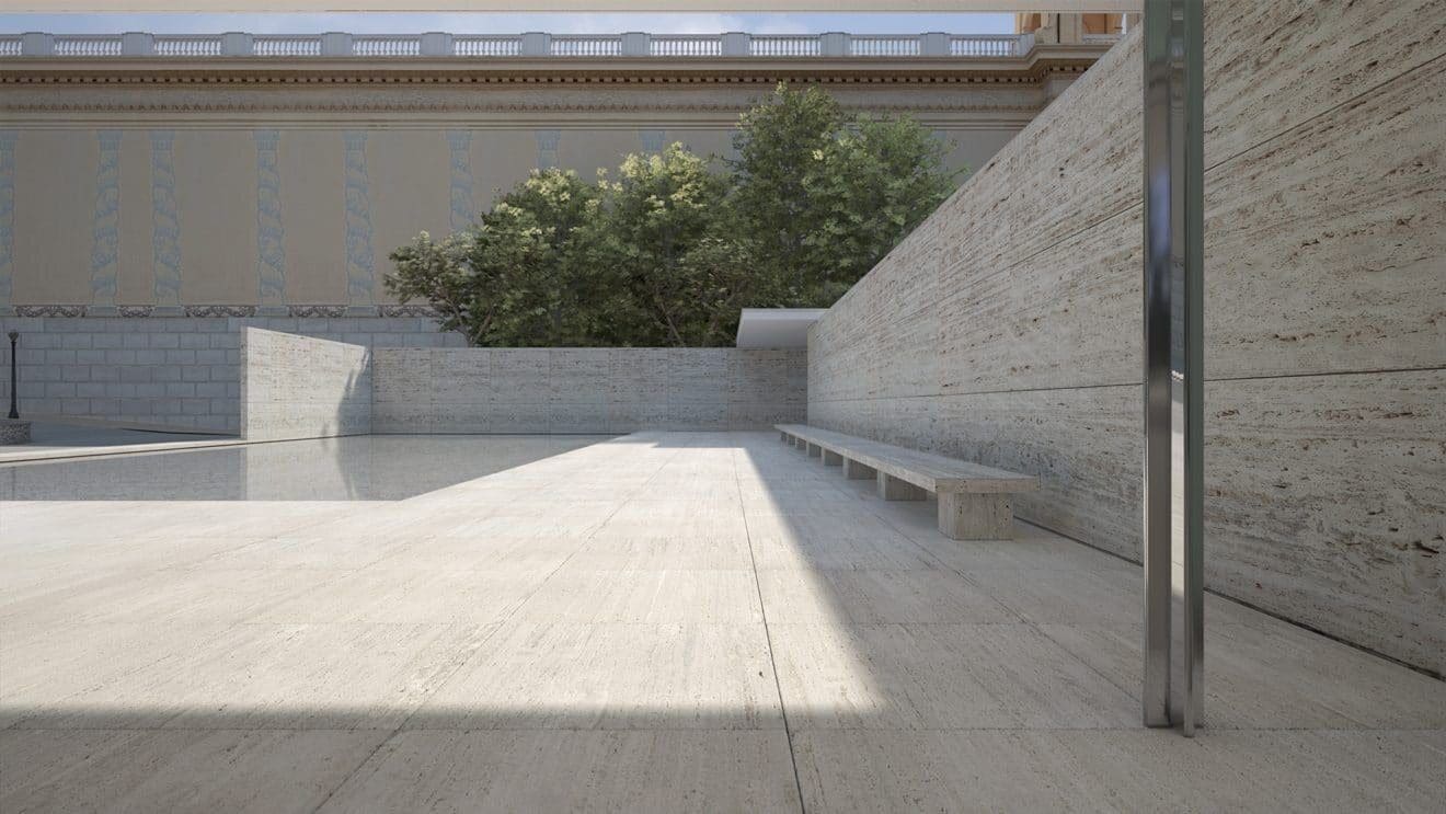 Barcelona Pavilion virtual production standing set — angle 4 on the L.A. & ABQ Castle Studios stage