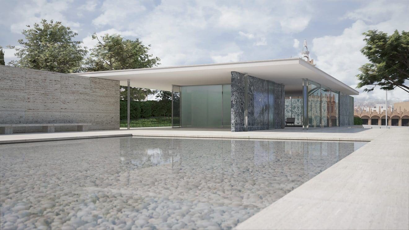 Barcelona Pavilion virtual production standing set — angle 5 on the L.A. & ABQ Castle Studios stage