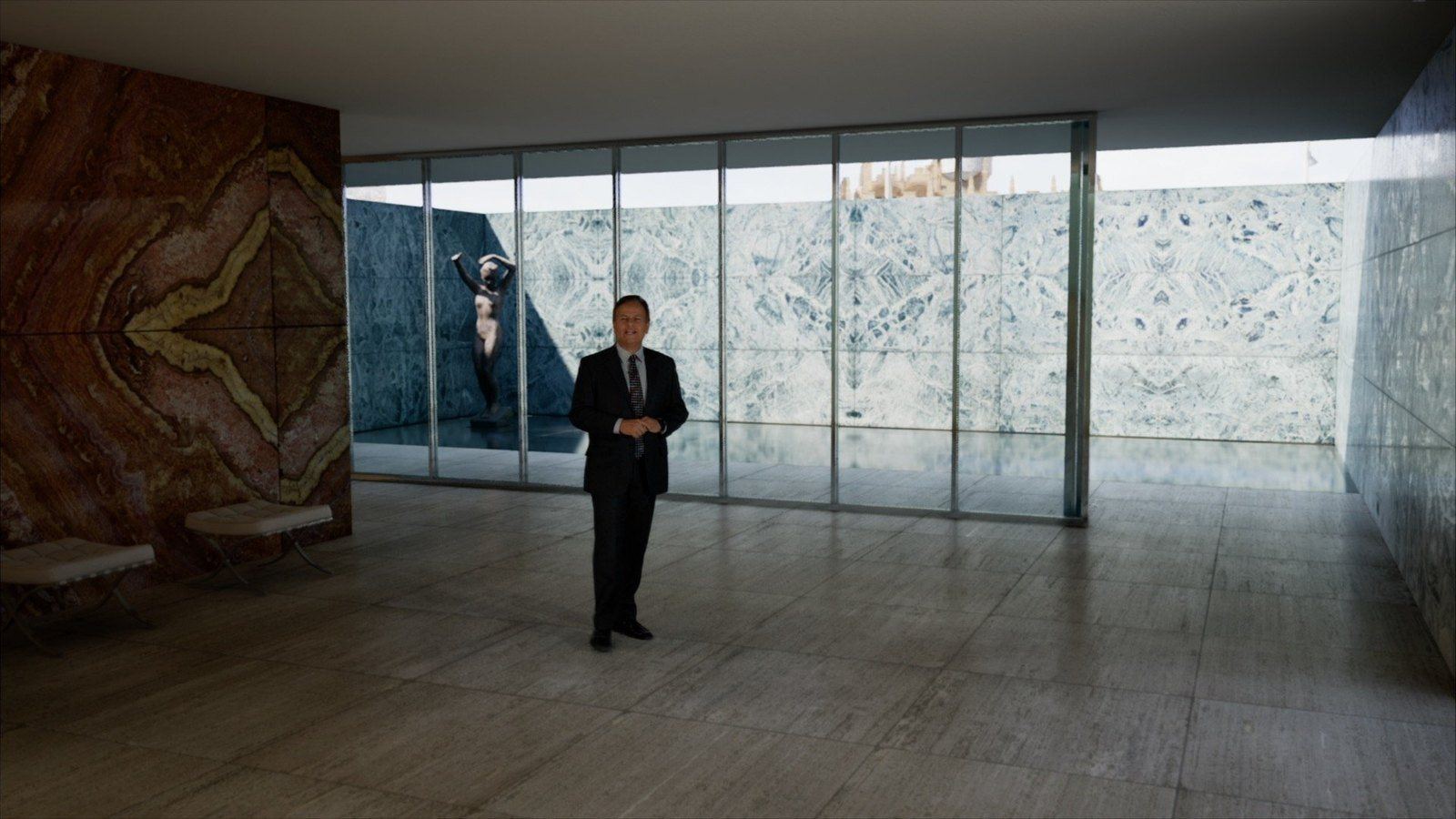 Barcelona Pavilion virtual production standing set — angle 7 on the L.A. & ABQ Castle Studios stage